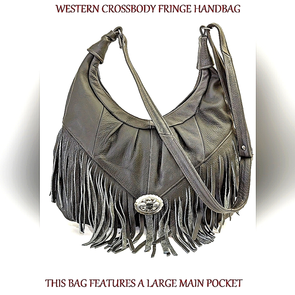 BOHO SOFT LEATHER HOBO BAG FRINGE & CONCHOS - Picture 3 of 13